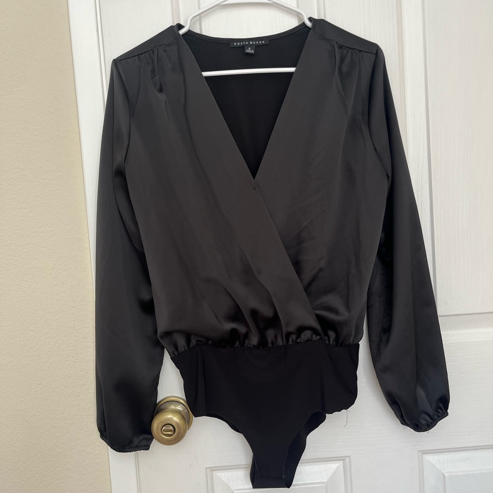 Haute Monde Black V-Neck Satin Bodysuit
